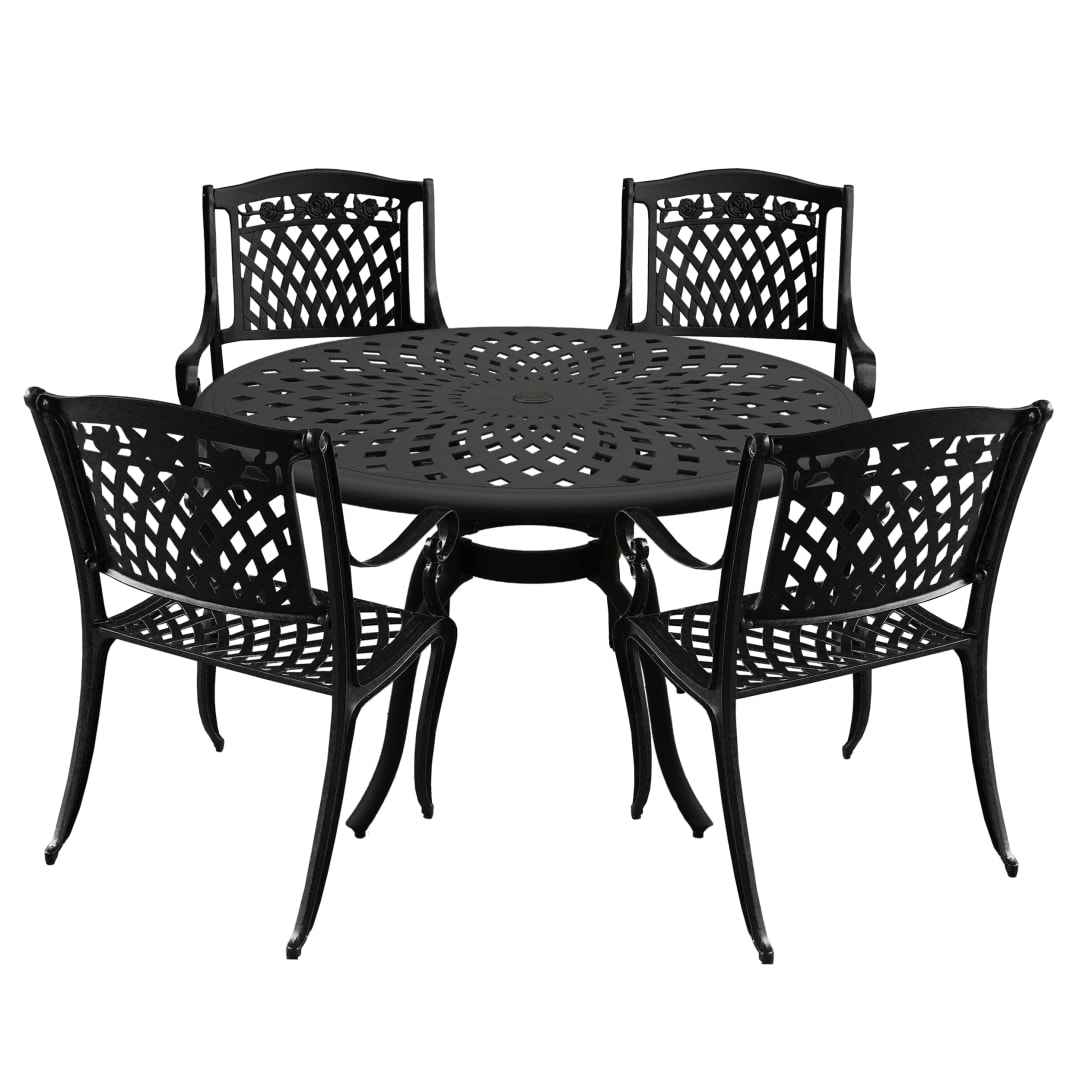 Modern Ornate Outdoor Mesh Aluminum 48-in Black Round Patio Dining Set with Four Chairs
