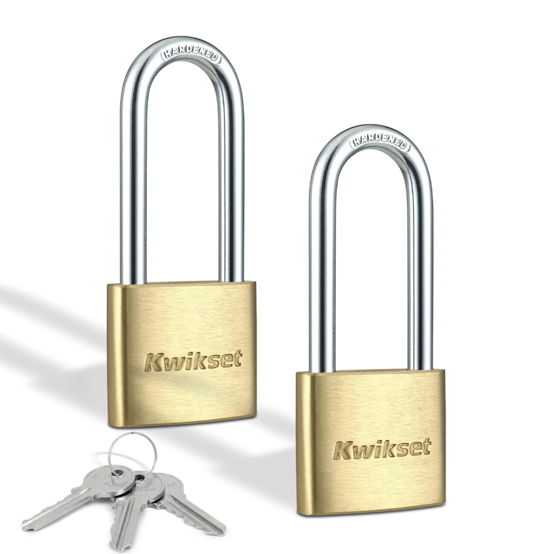 Kwikset Brass Padlock with Hardened Steel Shackle, 1-9/16 in Body, 2 in Shackle, 2 Pack