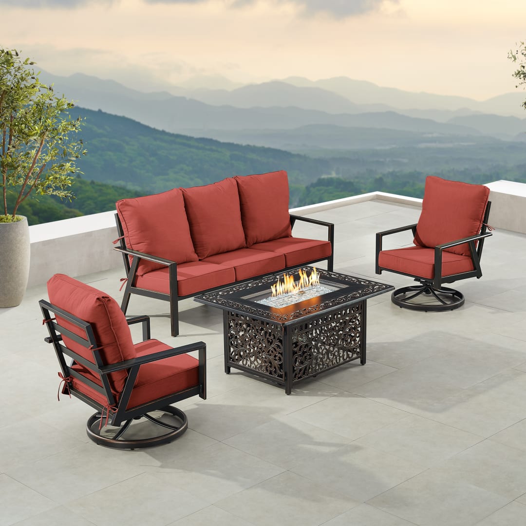 Black Aluminum Patio Fire Table Set with Deep Seating Sofa with Cushion and Two Club Chairs