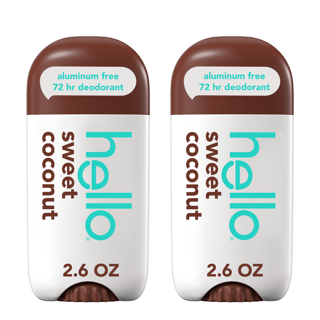 hello Sweet Coconut Aluminum Free Deodorant for Women and Men, 72-Hour Deodorant, Only 9 Ingredients, Baking Soda Free, Enriched with Shea Butter, Vegan, 2.6 oz Stick Deodorant (2 Pack)