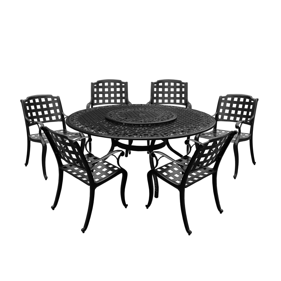 Modern Ornate Outdoor Mesh Aluminum 59-in Large Black Round Patio Dining Set with Lazy Susan and Six Chairs