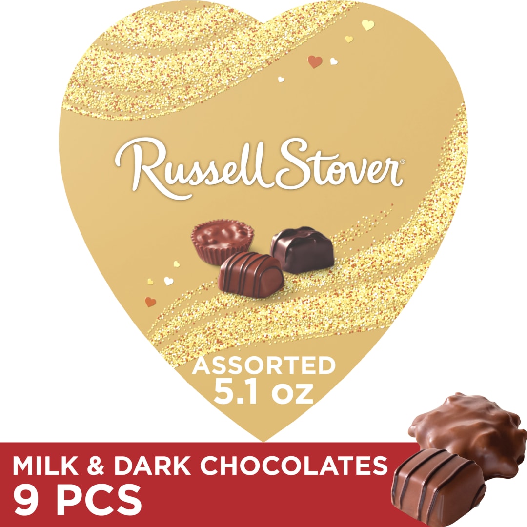 RUSSELL STOVER Valentine's Day Gold Foil Heart Assorted Milk & Dark Chocolate Candy Gift Box, 5.1 oz.