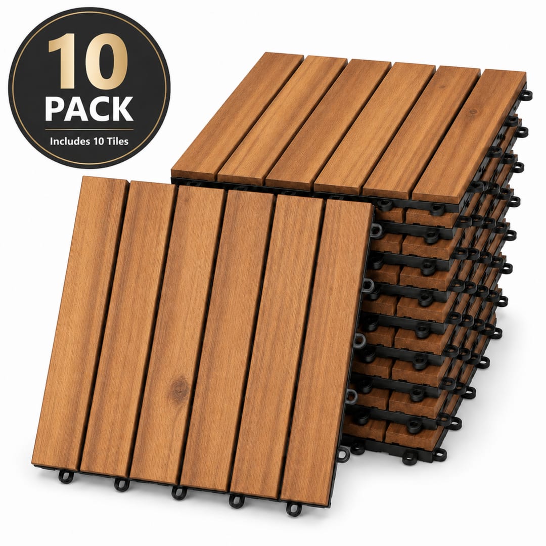 Patio Flooring Indoor/Outdoor 12 in. Brown Acacia Wood Interlocking Deck Tiles, 10-Pack