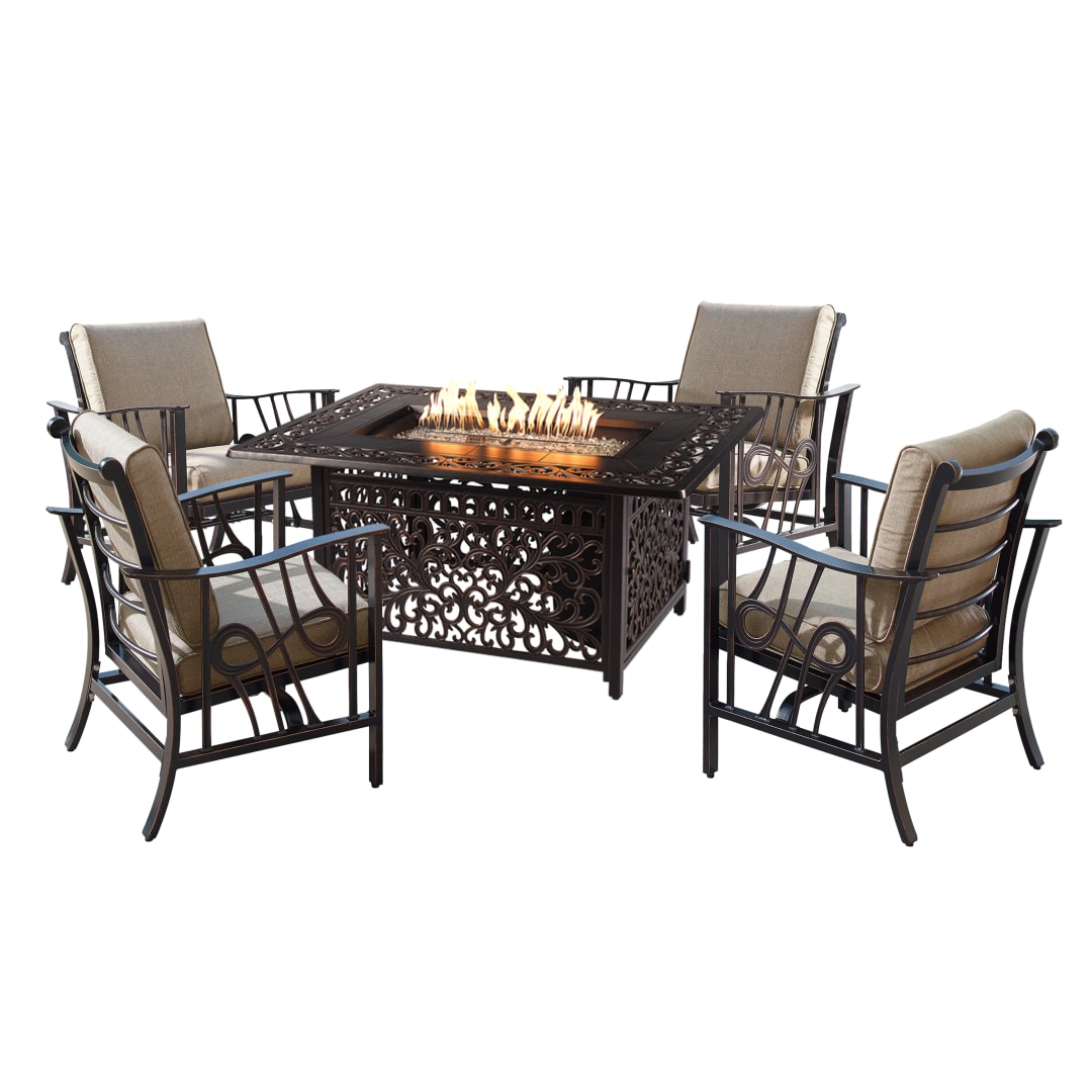 Aluminum 48-in Rectangular Antique Copper Fire Table Set with Four Deep Seating Rocking Chairs, Fire Beads, Lid, Propane Tank Cover and Table Fabric Covers