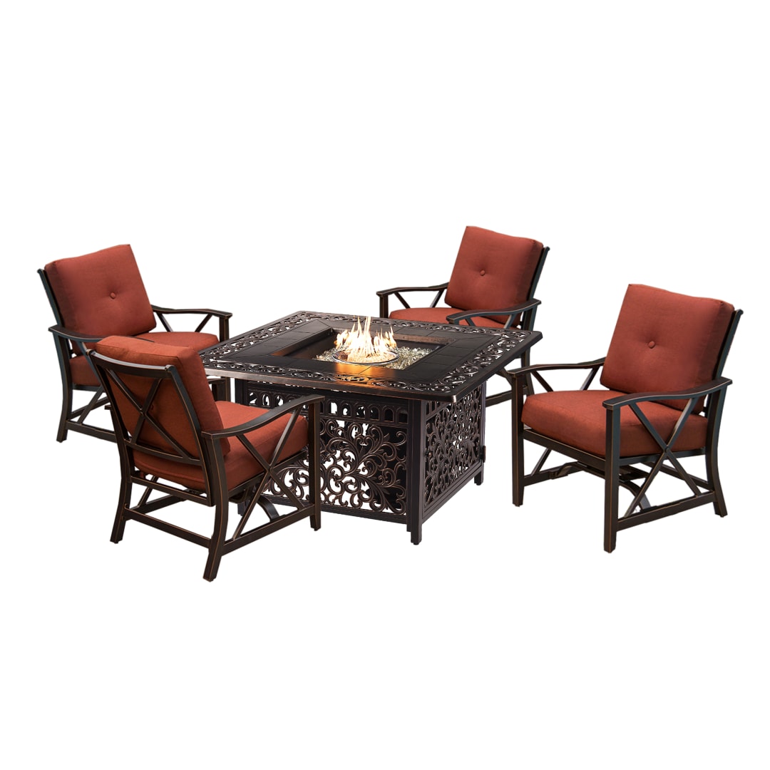 Aluminum 42-in Square Antique Copper Fire Table Set with Four Deep Seating Rocking Chairs, Fire Beads, Lid, Propane Tank Cover and Table Fabric Covers