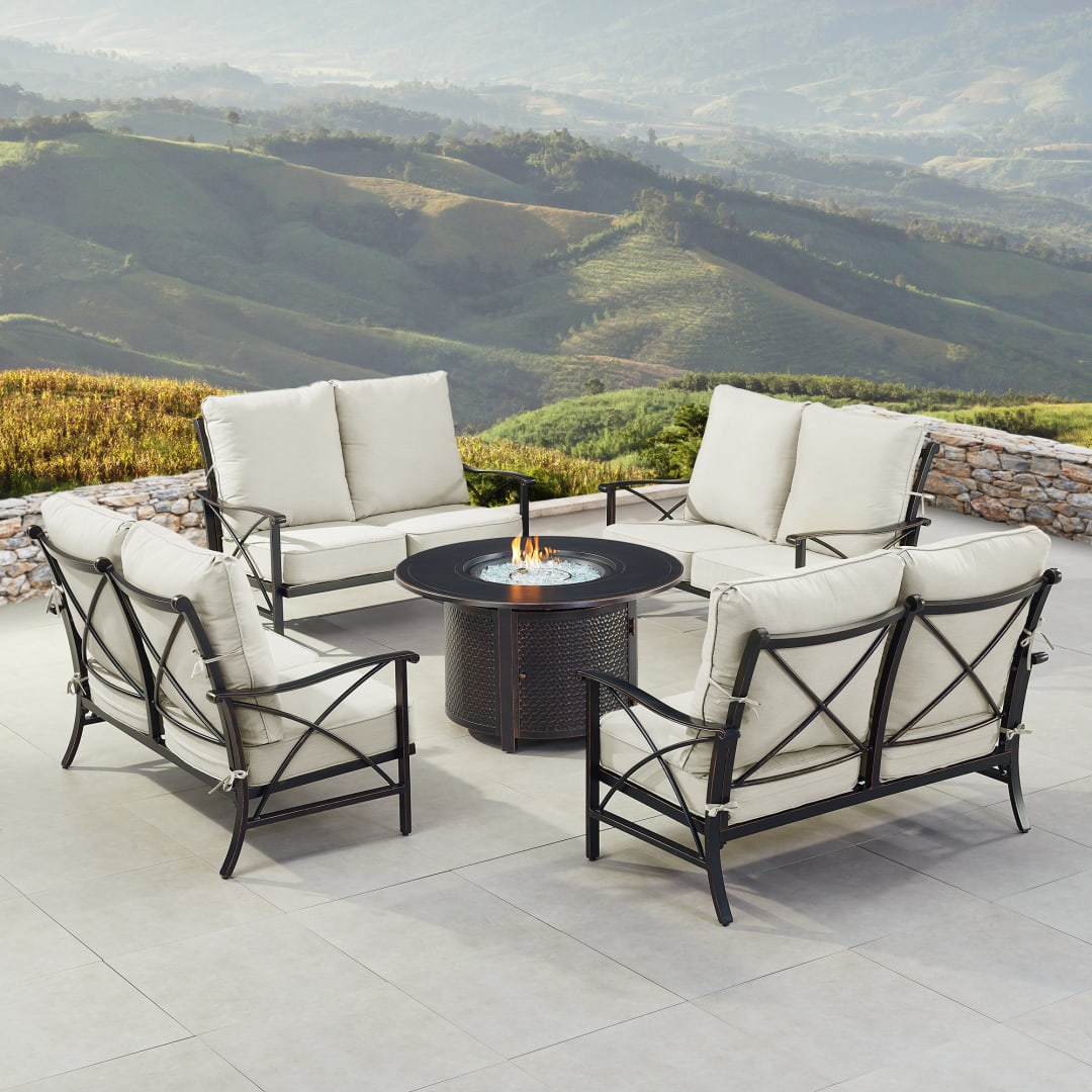 Black Aluminum Patio Fire Table Set with Four Deep Seating Loveseat with Cushions