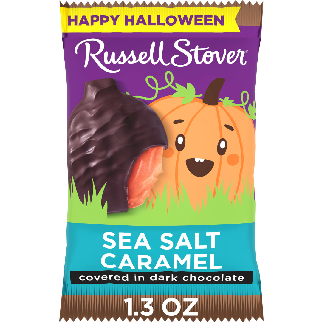 RUSSELL STOVER Halloween Dark Chocolate Sea Salt Caramel Candy Bar Pumpkin, 1.3 oz.