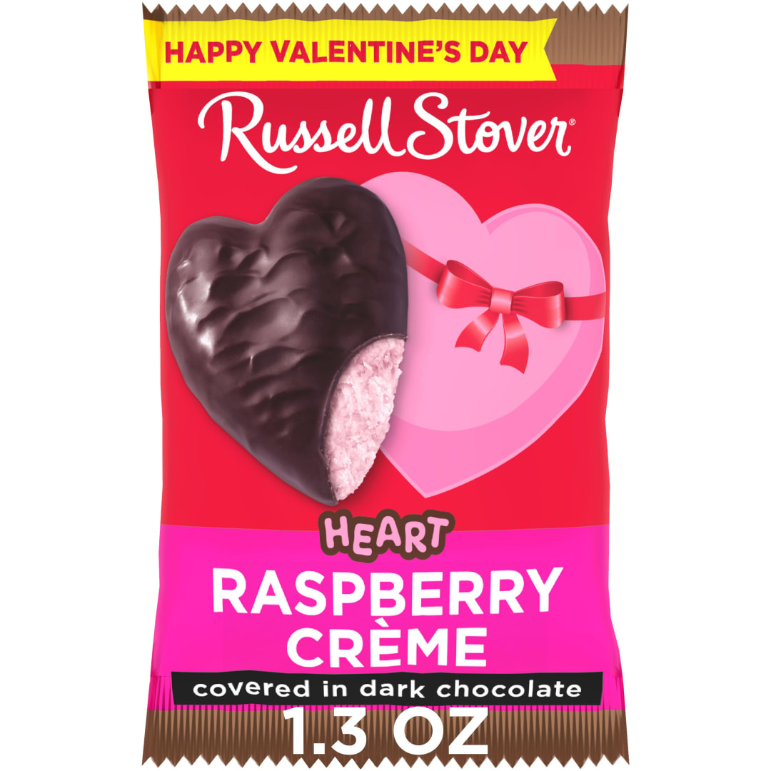 RUSSELL STOVER Valentine's Day Dark Chocolate Raspberry Crème Heart Candy Bar, 1.3 oz.