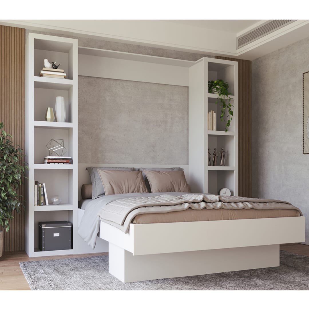 Easy-Lift Queen Murphy Wall Bed in White with Two Bookshelves