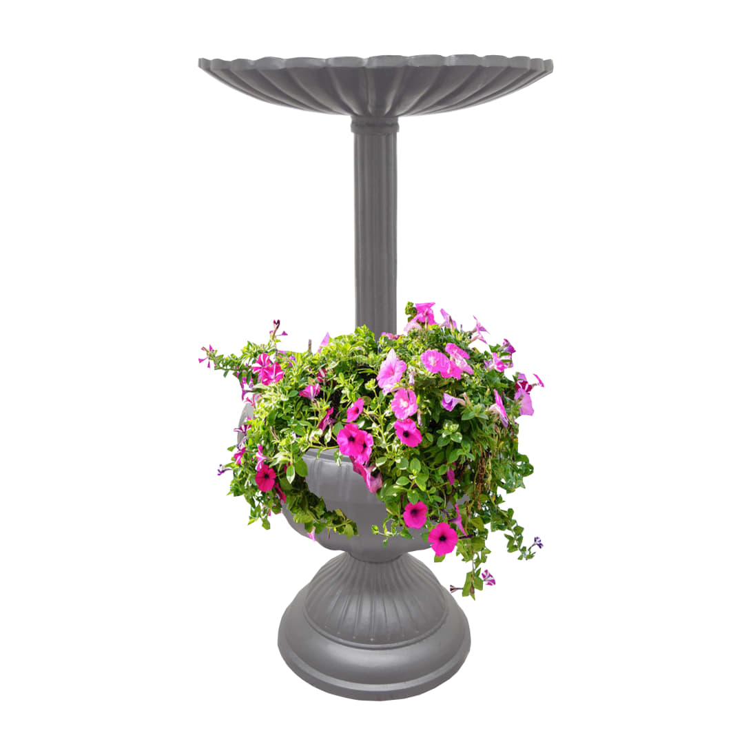 Ornate Round Cast Aluminum Metal 35-in Grey Bird Bath and Planter Vase Combo