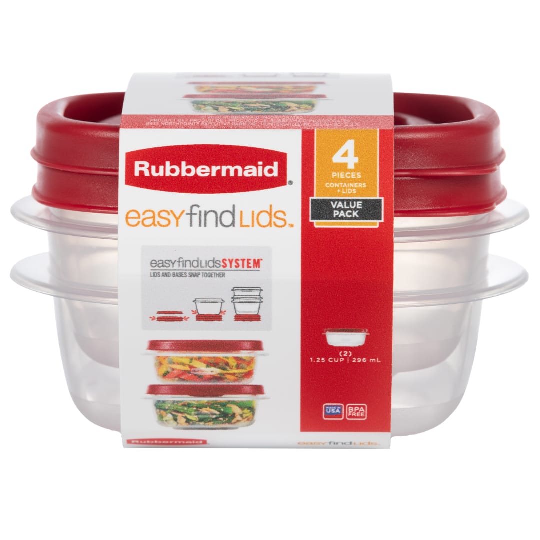 Rubbermaid EasyFindLids Food Storage Containers, 296 mL (1.25 Cup), Red Lids, 4 Pieces