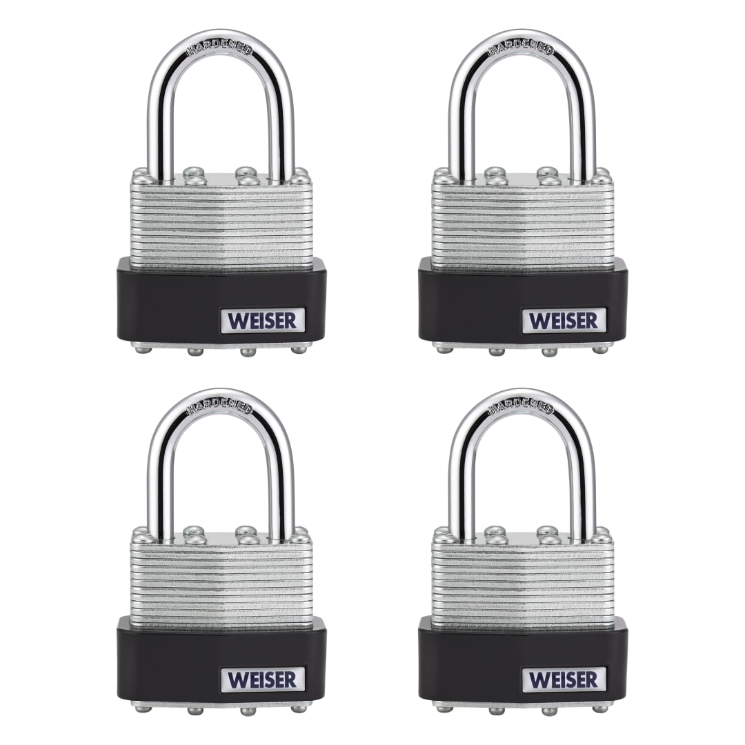 Weiser Laminated Steel Padlock with Hardened Steel Shackle, Outdoor Gate and Fence Lock, 1-9/16 in Body, 1 in Shackle, 4 Pack Keyed Alike, Silver