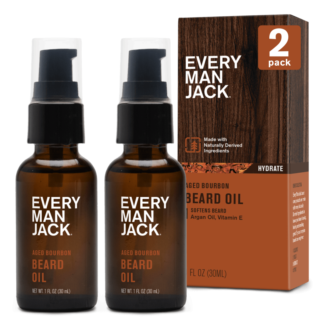 Every Man Jack Mens Beard Oil - Subtle Aged Bourbon Fragrance - Deeply Moisturizes and Softens Your Beard and Adds a Natural Shine - Naturally Derived with Shea Butter- 1 fl oz (2 Pack)