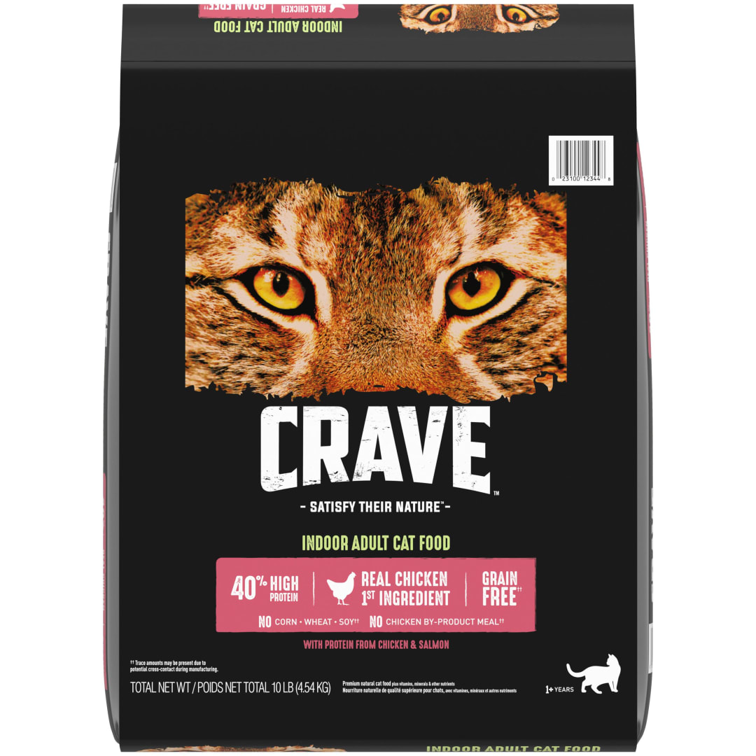 CRAVE Grain Free Indoor Adult High Protein Natural Dry Cat Food with Protein from Chicken & Salmon, 10 lb. Bag