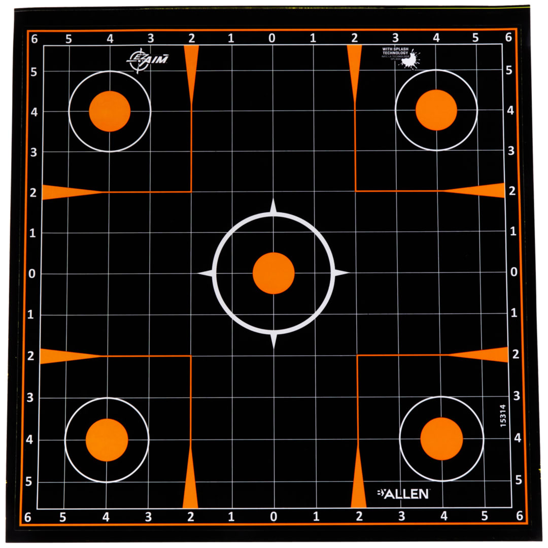 EZ Aim® Reactive Adhesive Paper Shooting Targets, Sight-In Grid, 12" Square, 5-Pack, Black/Orange