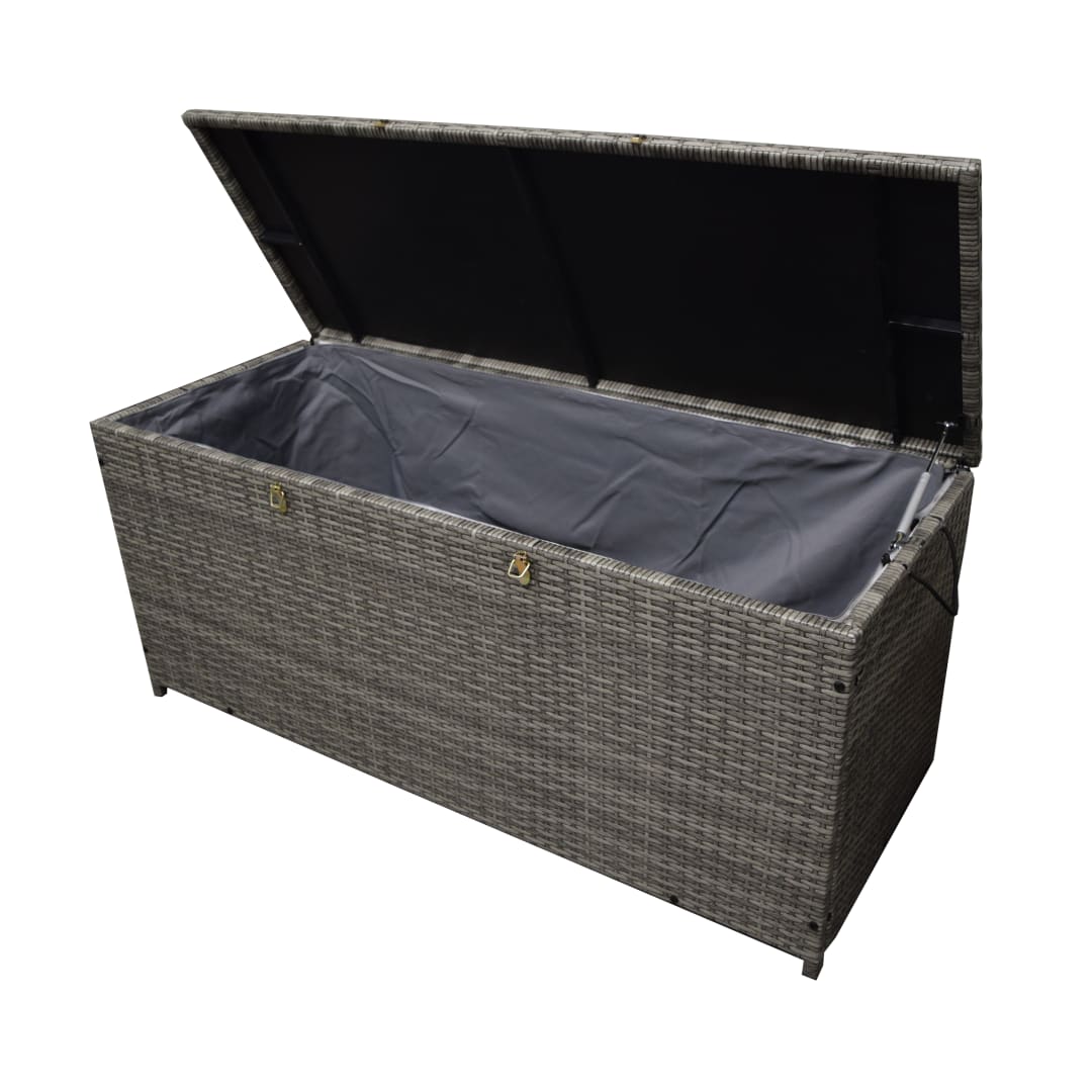 Grey Indoor and Outdoor Balcony Patio Deck Porch Pool 113 Gallon Wicker Storage Box Trunk Bin with Metal Frame