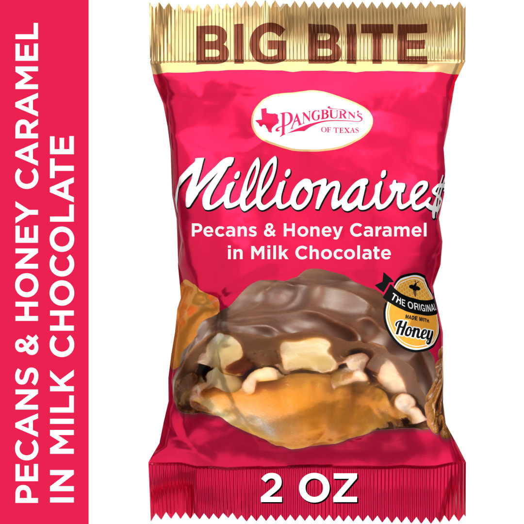 PANGBURN'S OF TEXAS Millionaires Pecans & Honey Caramel in Milk Chocolate Big Bite Candy Bar, 2 oz.