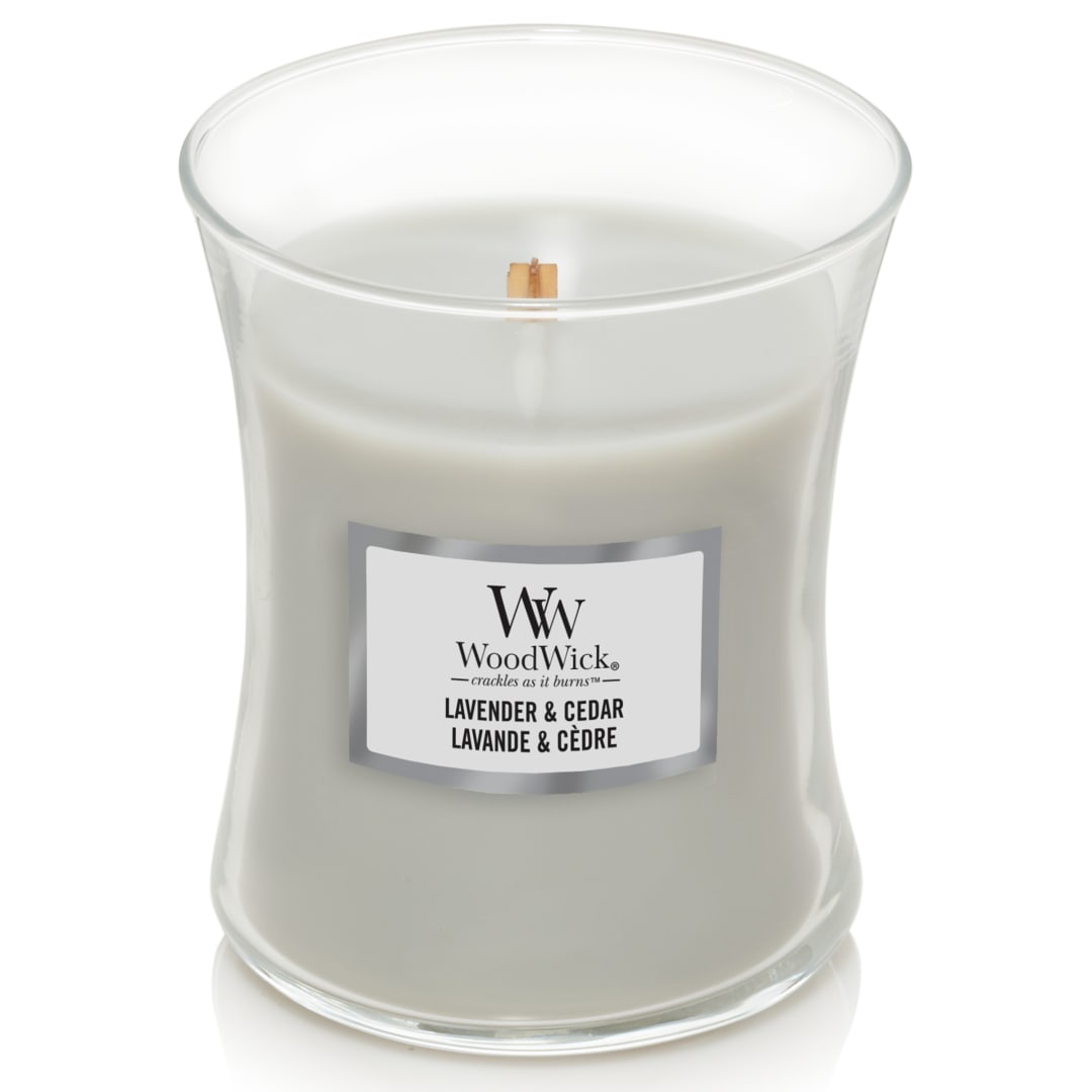 WoodWick Vela perfumada hourglass mediana | Lavanda y cedro | con mecha crepitante | Tiempo de combustión: hasta 60 horas En la playa
