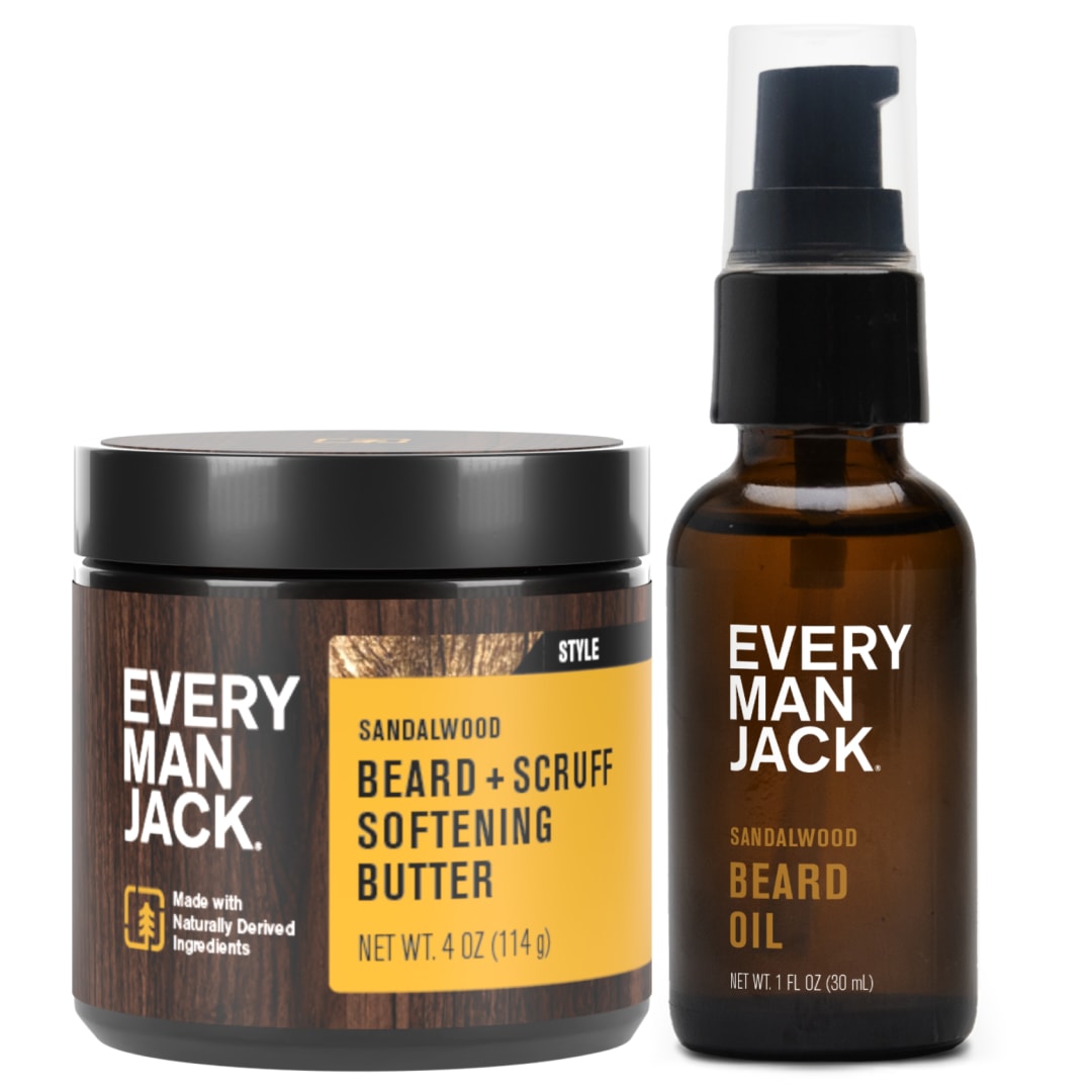 Every Man Jack Beard Oil & Beard Butter Bundle - Sandalwood Fragrance - Softens, Hydrates & Styles Dry Beards - Naturally Derived with Cocoa Butter and Shea Butter