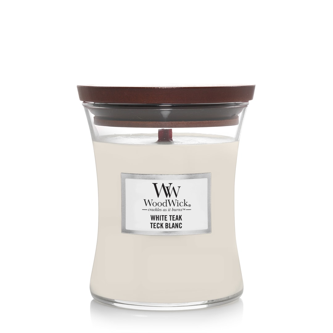 WoodWick Vela perfumada hourglass mediana | Teca blanca | con mecha crepitante | Tiempo de combustión: hasta 60 horas En la playa