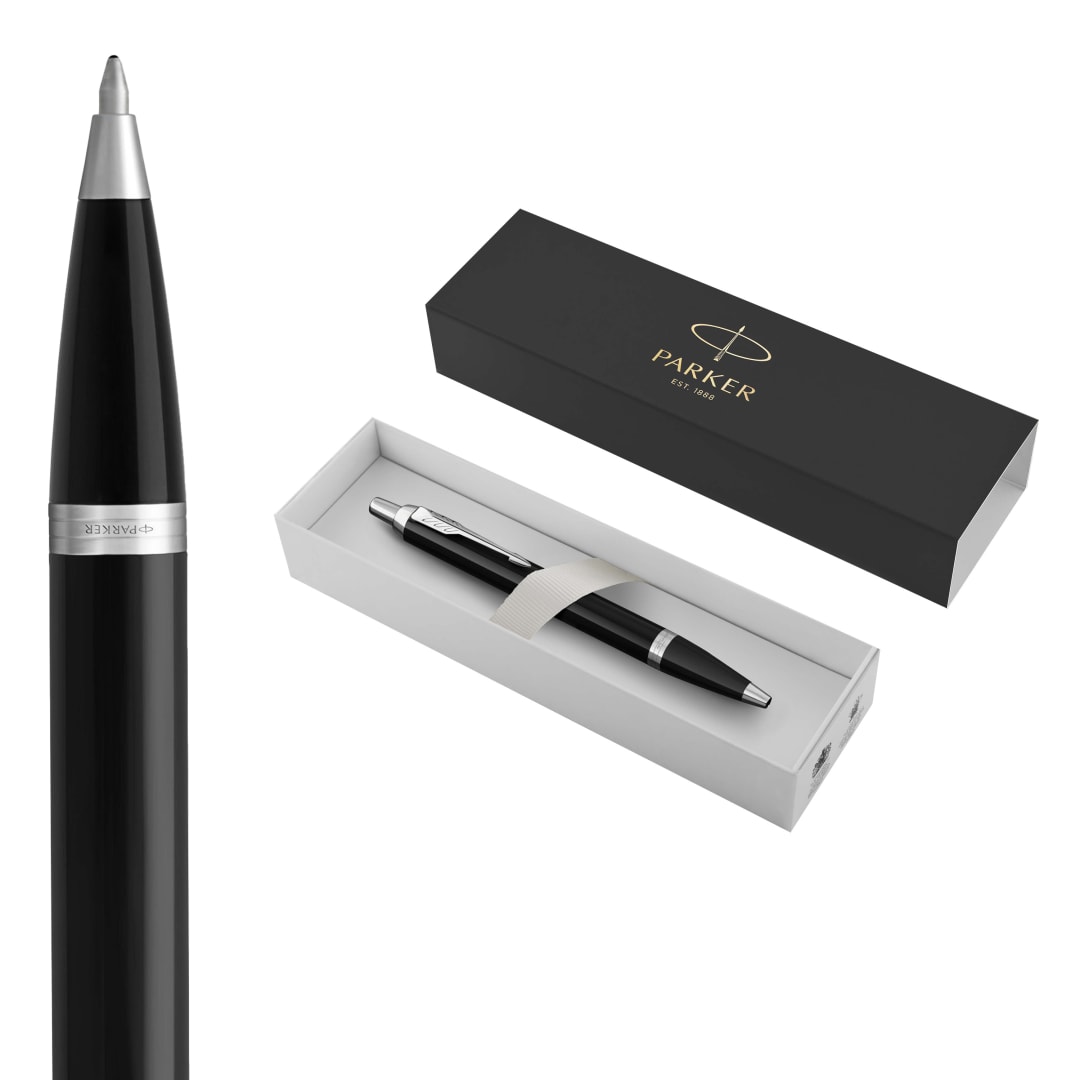 Parker Im Bolígrafo, Punta Mediana, Lacada En Negro Con Adorno Cromado, Tinta Azul, En Estuche De Regalo