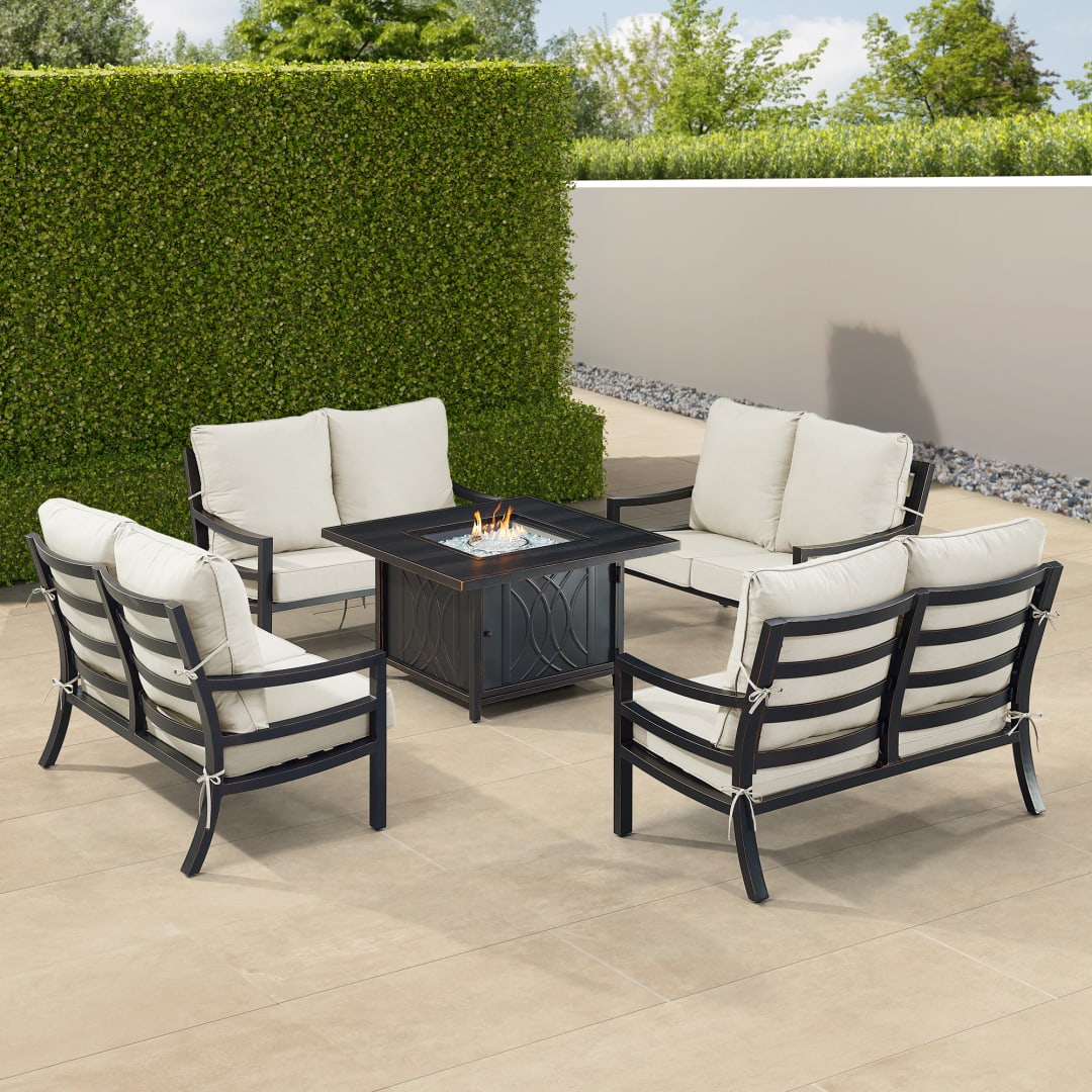 Black Aluminum Patio Fire Table Set with Four Deep Seating Loveseat with Cushions