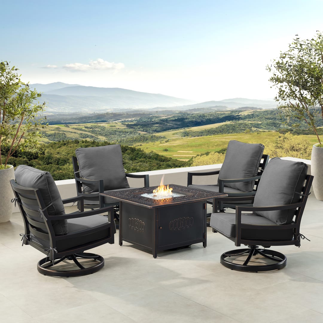 Black Aluminum Patio Fire Table Set with Four Club Chairs