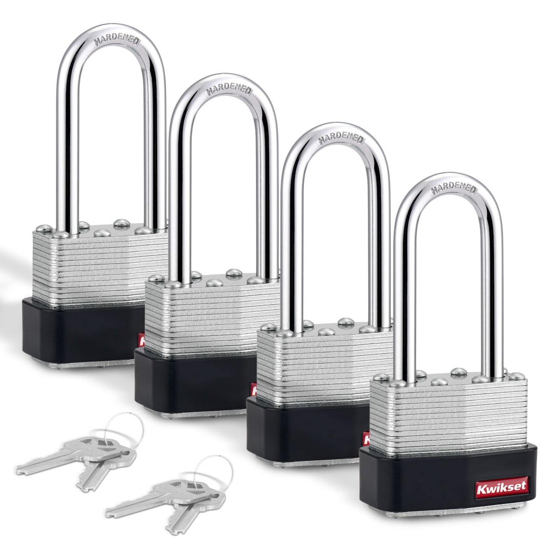 Kwikset Laminated Steel Padlock with Hardened Steel Shackle, 1-3/4 in Body, 2 in Shackle, 4 Pack