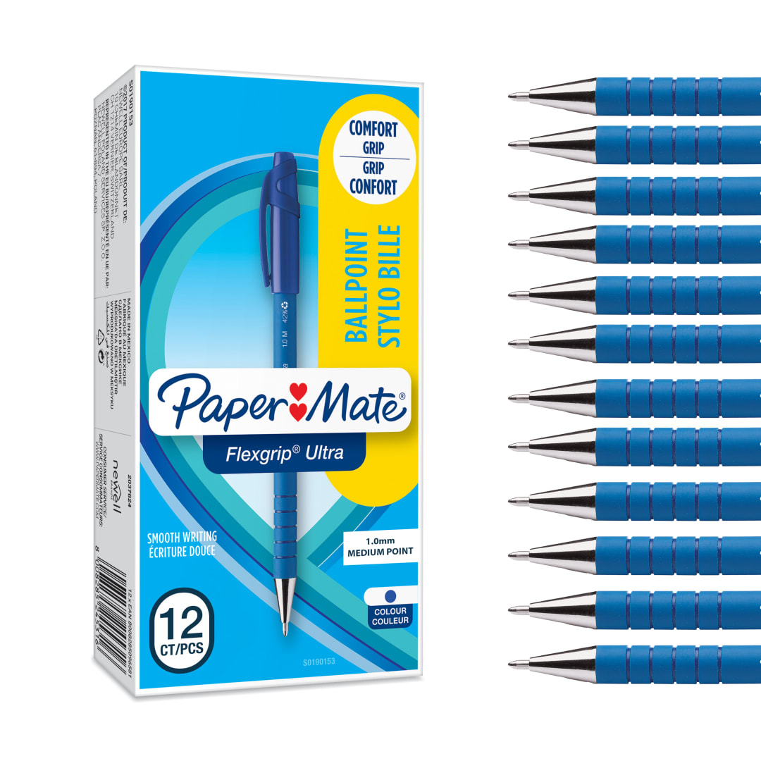 Paper Mate Flexgrip Ultra bolígrafo con capuchón | punta mediana (1,0 mm) | azul | Material escolar | caja de 12