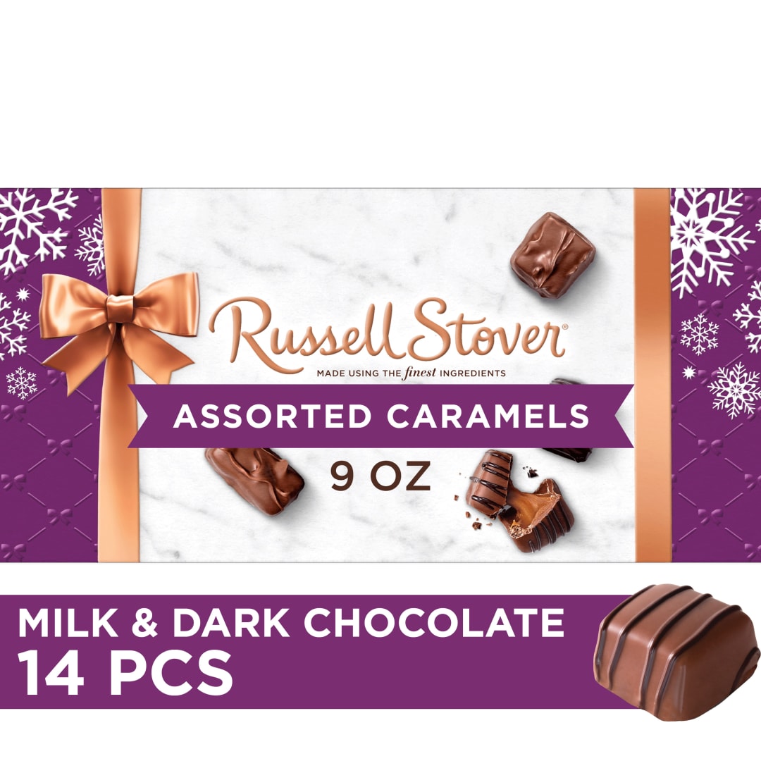 RUSSELL STOVER Christmas Assorted Caramels in Milk & Dark Chocolate Candy Gift Box, 9 oz.