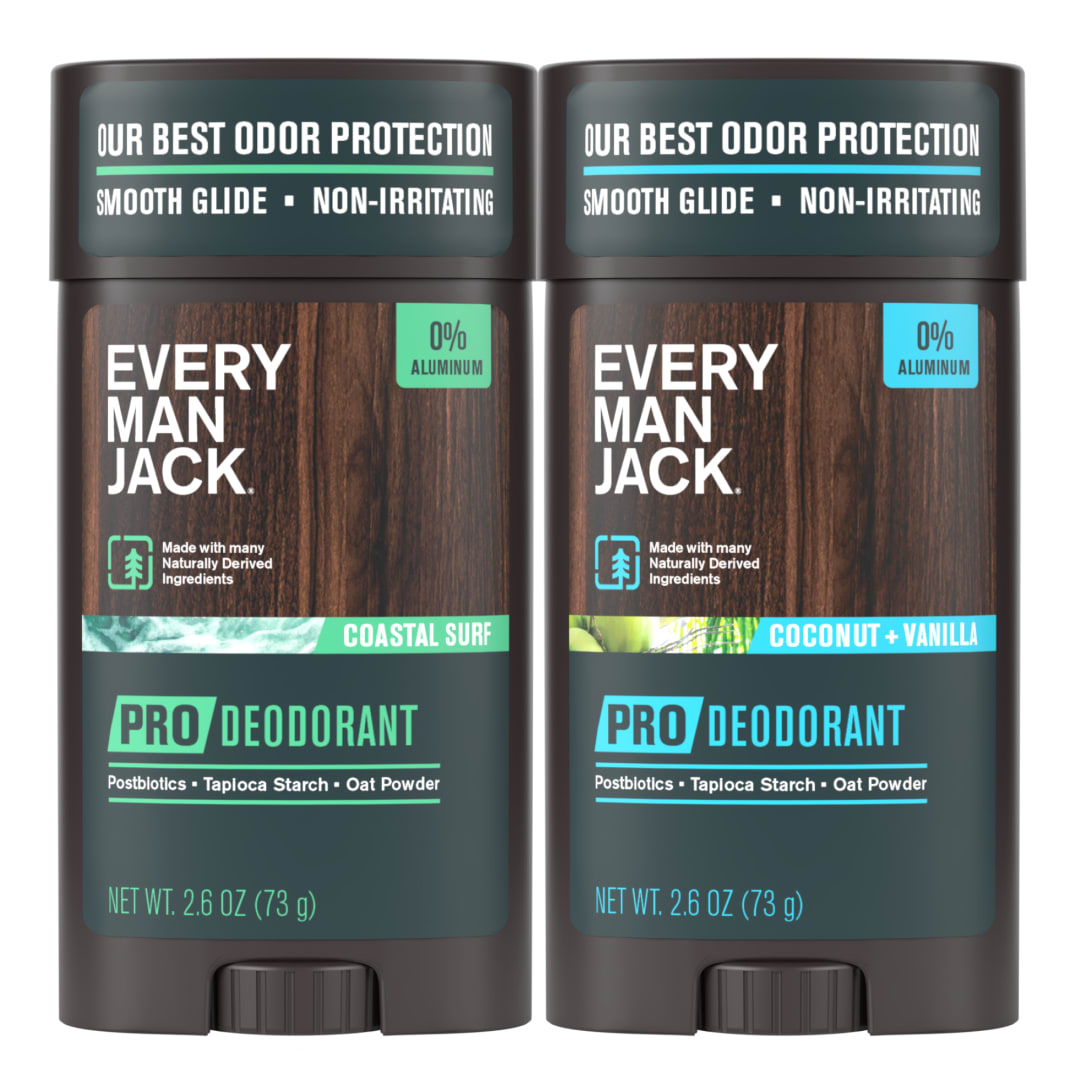 Every Man Jack Men's Pro Deodorant - 48-Hour Odor Defense Blend - Aluminum Free - Contains Postbiotics, Tapioca Starch & Oat Powder - Coastal Surf & Coconut + Vanilla Bundle - 2.6 oz (2 Pack)