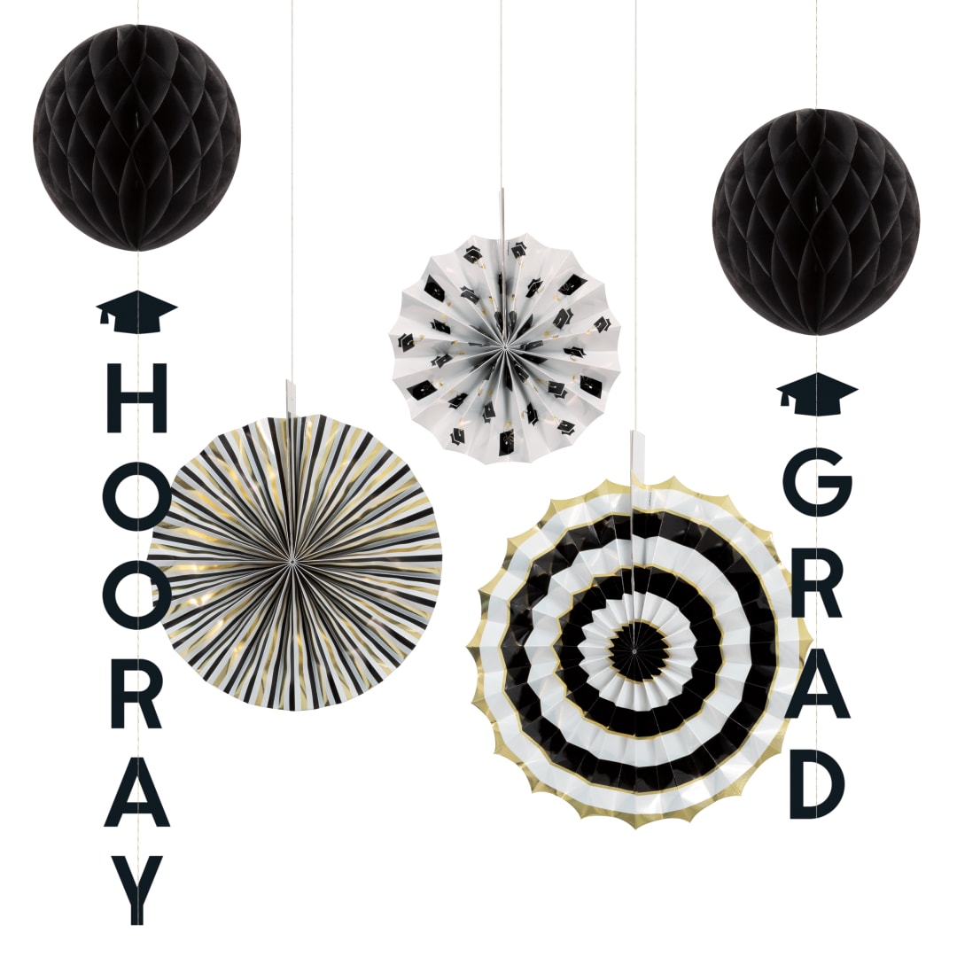Honeycomb Tissue Ball and Fan "Hooray Grad" Decor Kit, 5pc