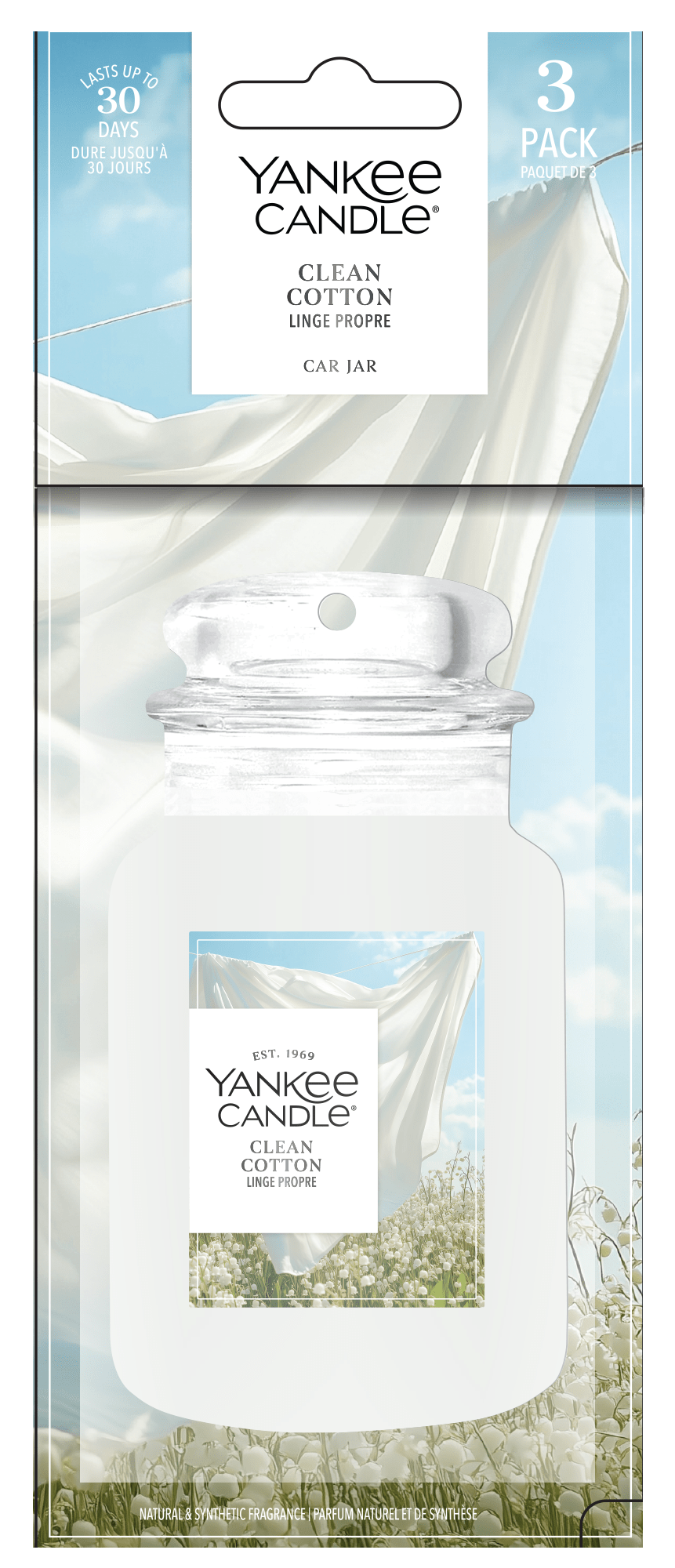 Yankee Candle Car Jar ambientador | Clean Cotton | Para coches y pequeños espacios en casa | Hasta 30 días | Paquete de 3