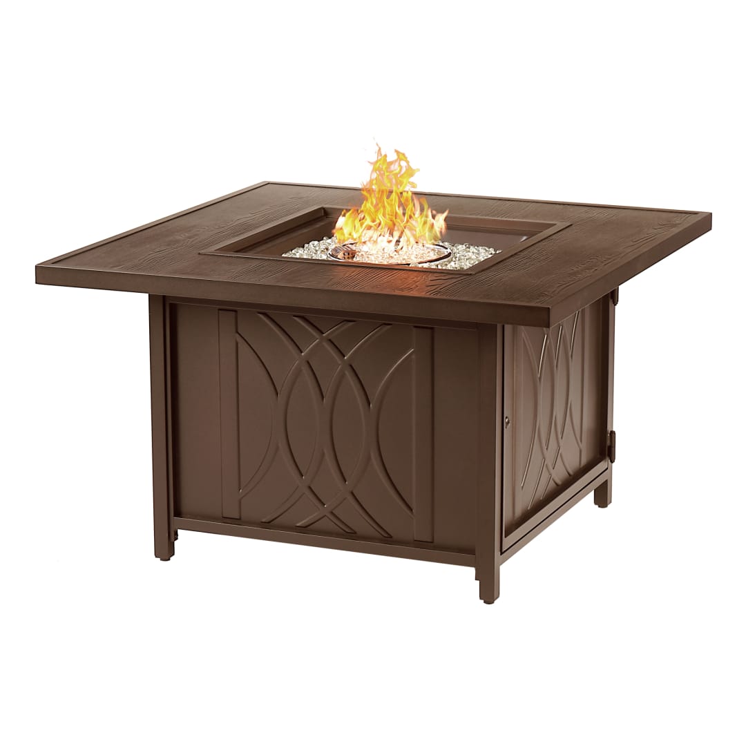 Square 42 in. x 42 in. Aluminum Propane Fire Pit Table with Glass Beads, Two Covers, Lid, 55,000 BTUs in Brown Finish