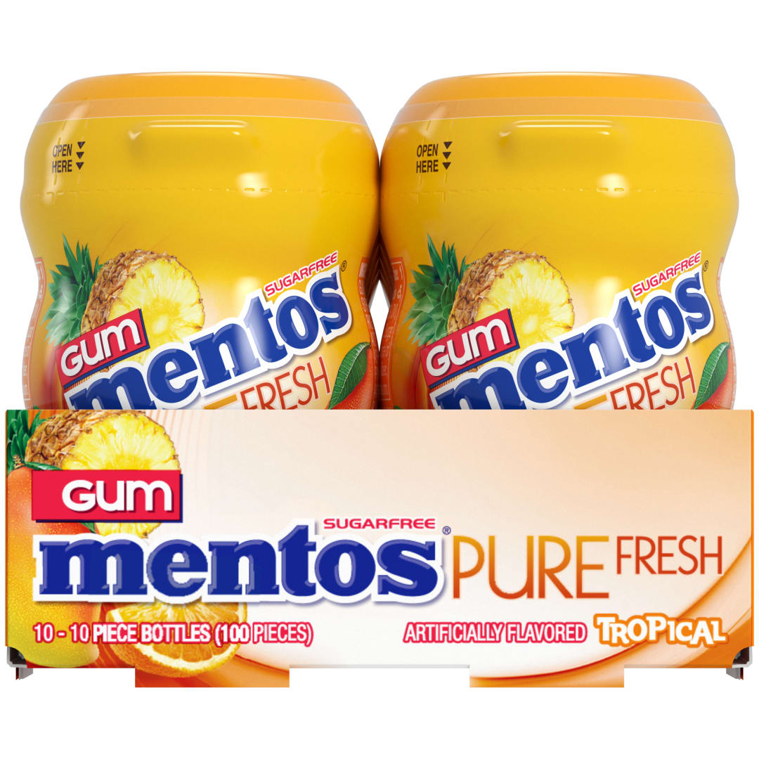 Mentos Gum Pure Fresh Sugar Free Chewing Gum Tropical 10 pc Nano Bottles - 10 Pack