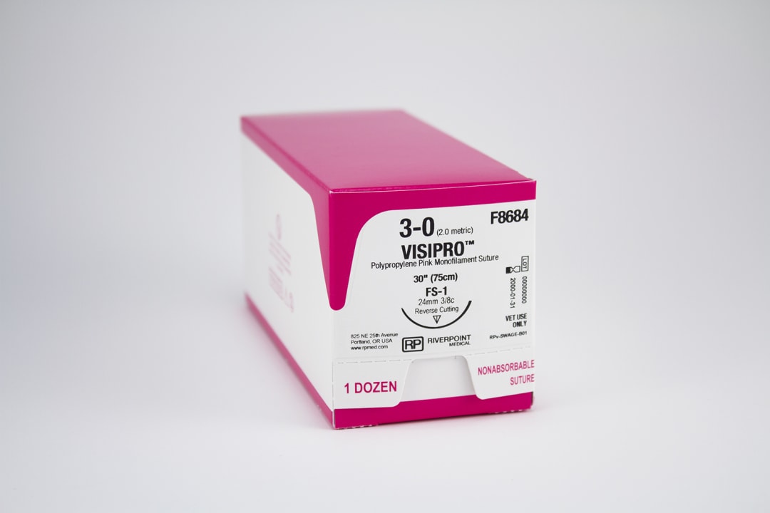 VisiPro PP Suture, USP 3-0 with 24mm FS-1 Reverse Cutting 3/8 Circle Needle, Fluorescent Pink, 75cm, Sterile