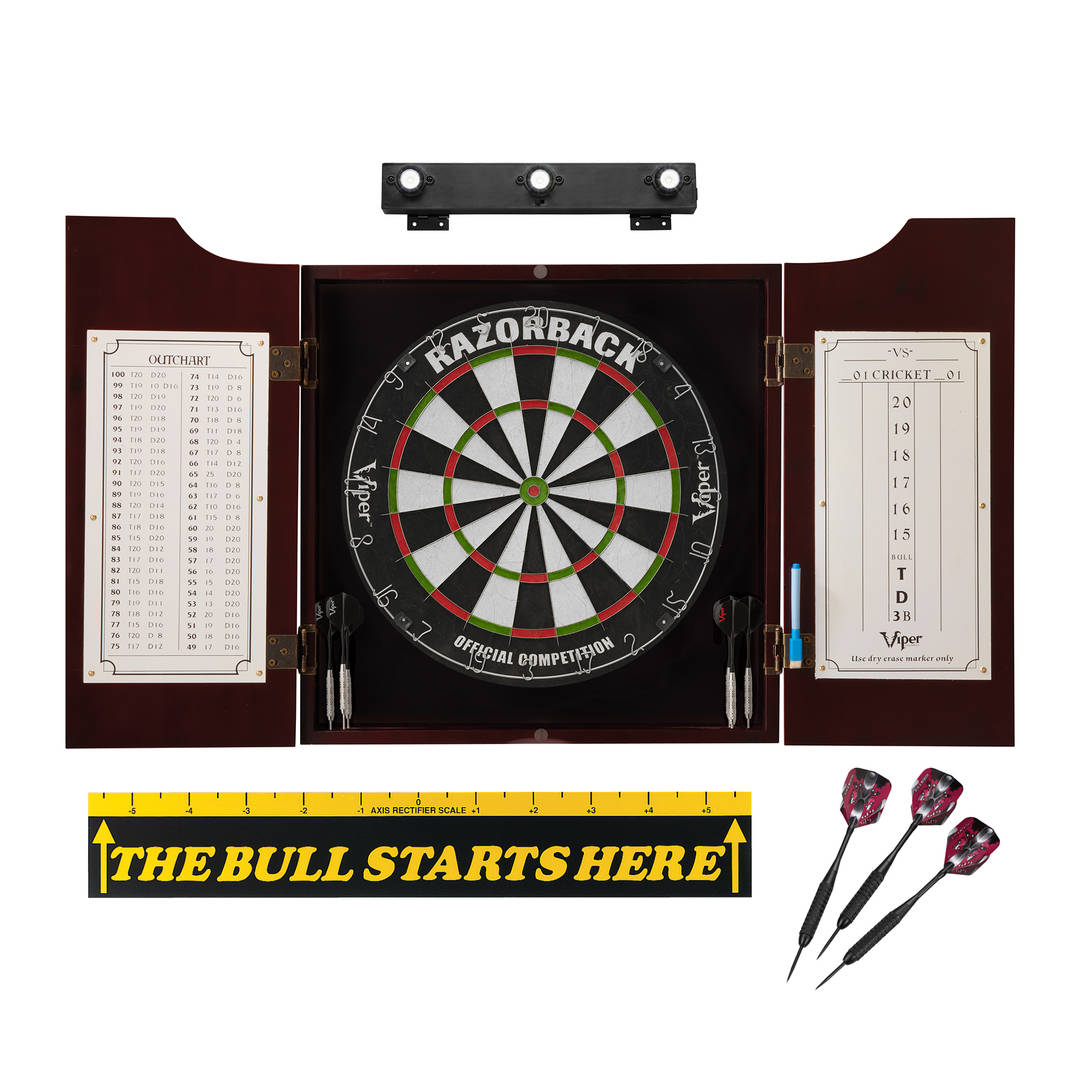 Viper Razorback Sisal Dartboard, Hudson Cabinet, Throw Line Marker, Black Mariah Steel Tip Darts & Shadow Buster Dartboard Light Bundle