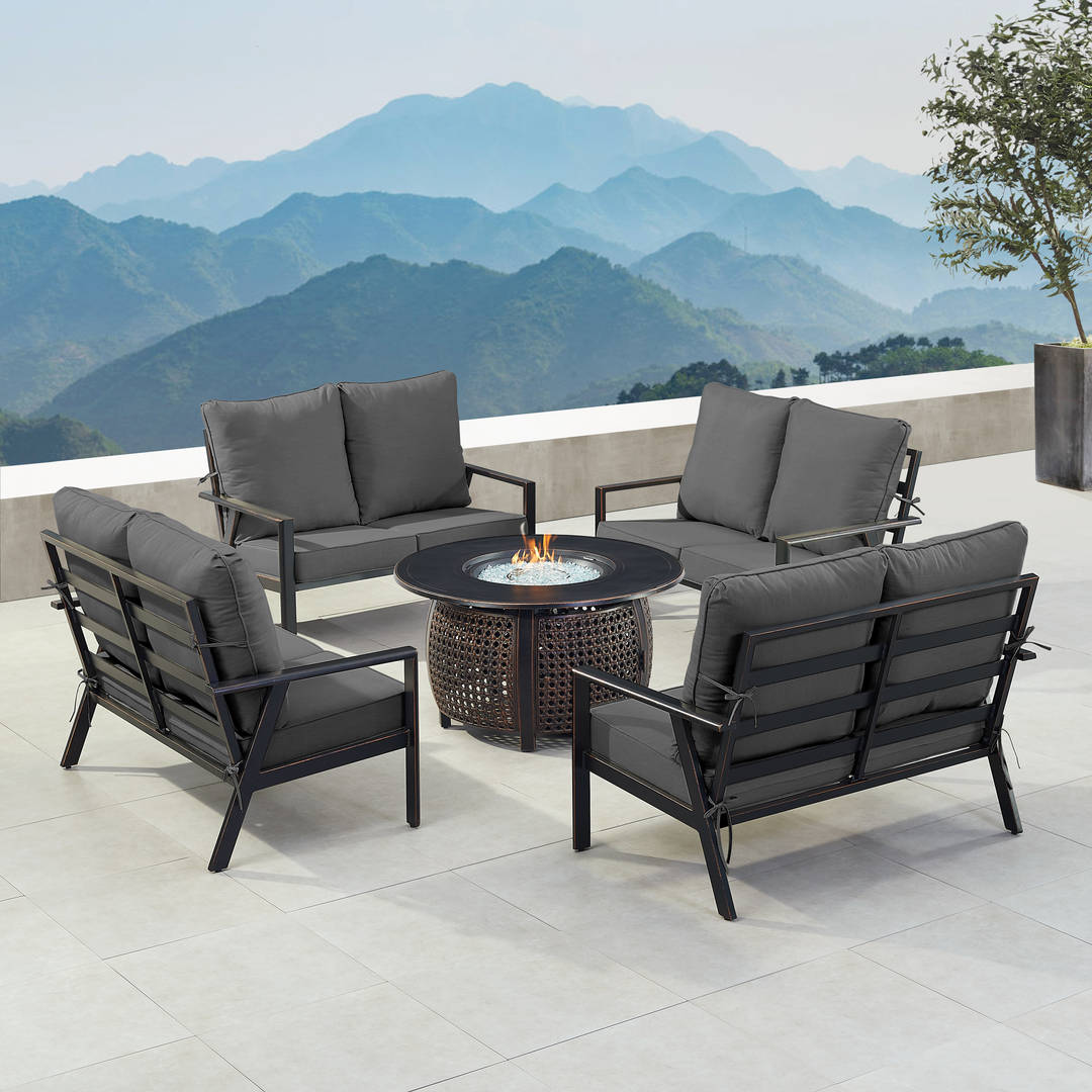 Black Aluminum Patio Fire Table Set with Four Deep Seating Loveseats with Cushions