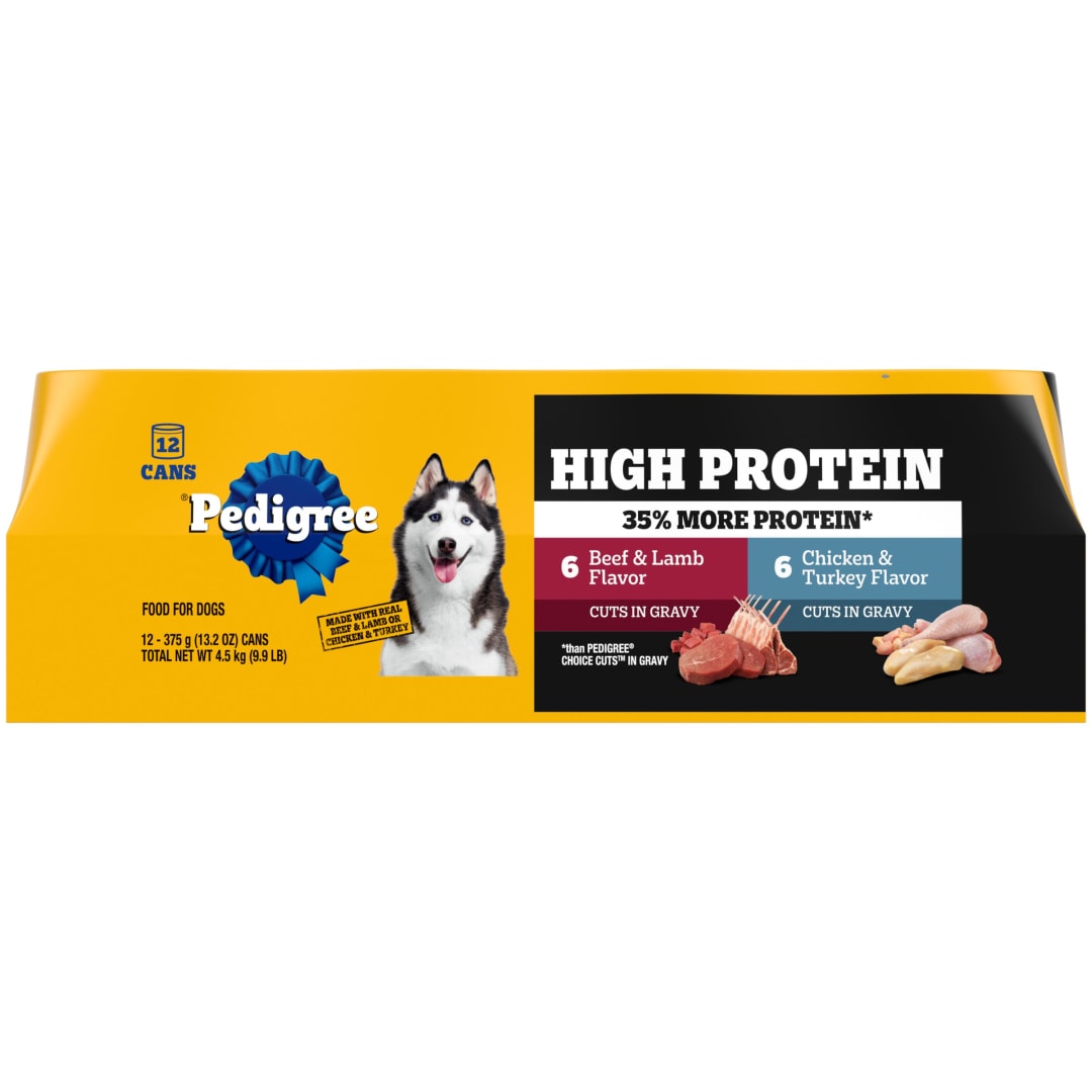 PEDIGREE High Protein Adult Canned Wet Dog Food Variety Pack, Chicken & Turkey Flavor in Gravy and Beef & Lamb Flavor in Gravy, (12) 13.2 oz. Cans