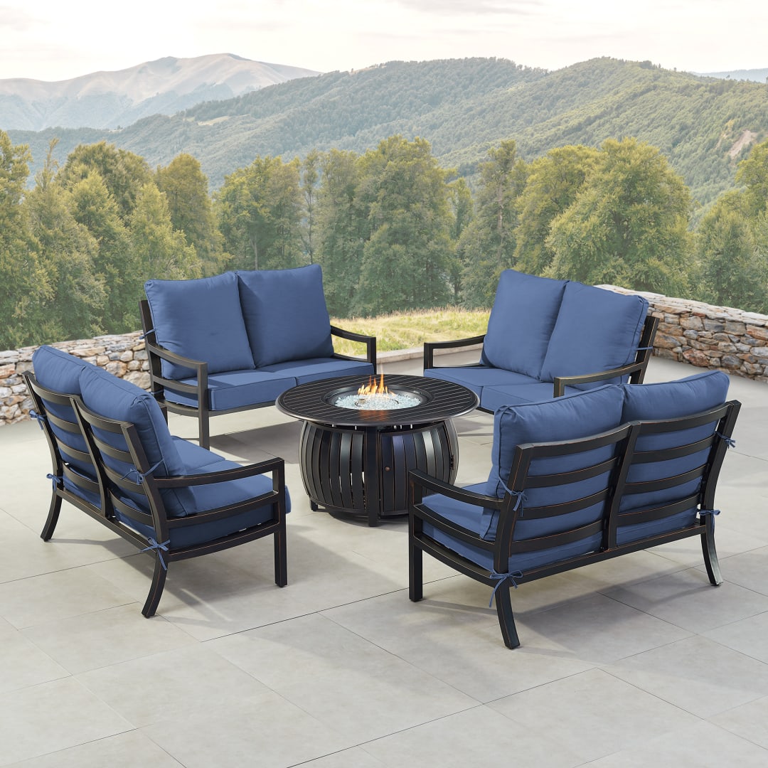 Black Aluminum Patio Fire Table Set with Four Deep Seating Loveseat with Cushions