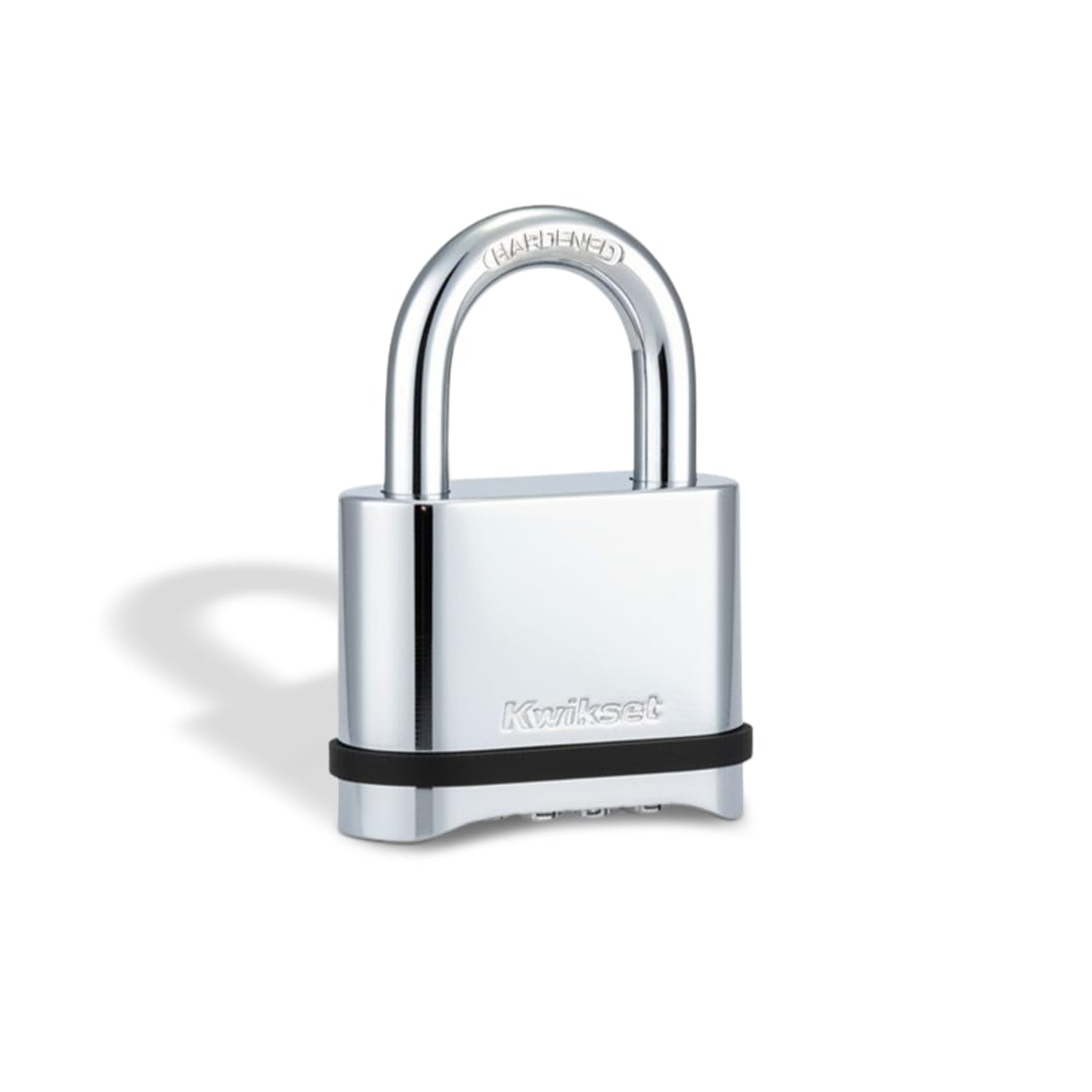 Kwikset Zinc 4-Digit Combination Padlock 2 in Body 1 in Shackle Resettable Code Lock for Outdoor Gate Locker Storage Unit Heavy Duty Metal Chrome Finish Keyless Security 1-Pack
