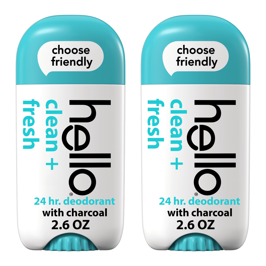 hello Clean + Fresh Aluminum Free Deodorant for Women and Men with Charcoal, 24-Hour Freshness, Baking Soda Free Deodorant, Dermatologically Tested, 2.6 oz Stick (2 Pack)