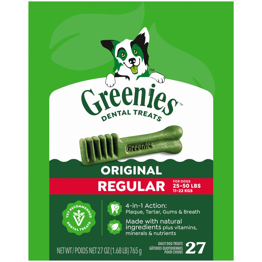 GREENIES Original Regular Natural Dog Dental Care Chews Oral Health Dog Treats, 27 oz. Pack (27 Treats)