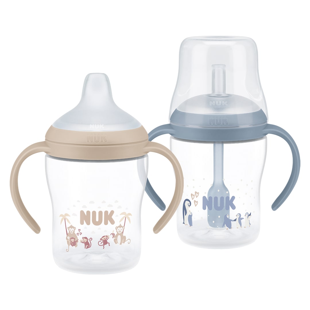 Perfect Match Learner Straw Bottles, 6+ Months, 150 ml, Leak Proof Baby Straw Cup, Anti-Slip Handles, Monkey & Penguin, 2 Count