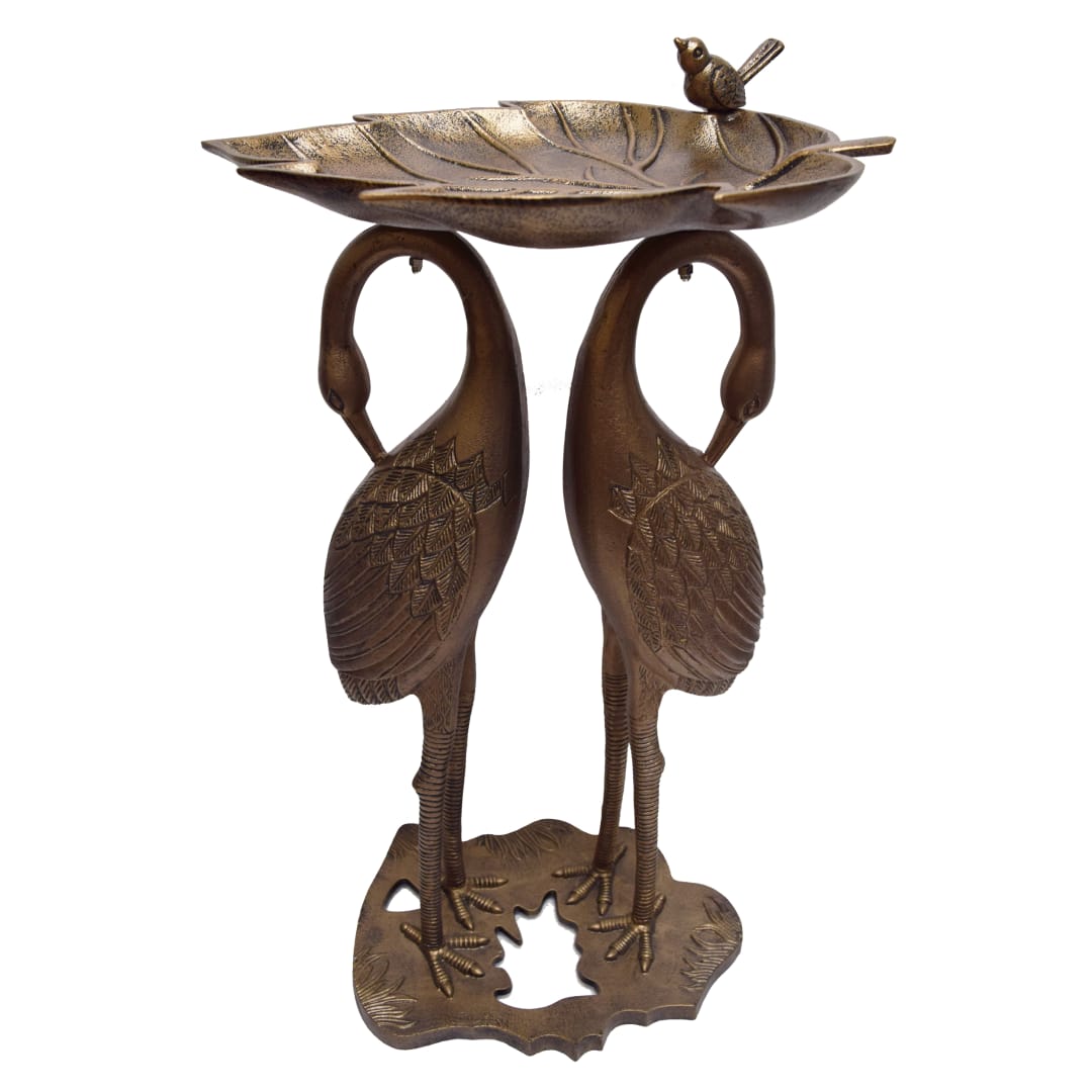 Cast Aluminum 30-in Twin Crane Bronze Bird Bath with Leaf Bowl