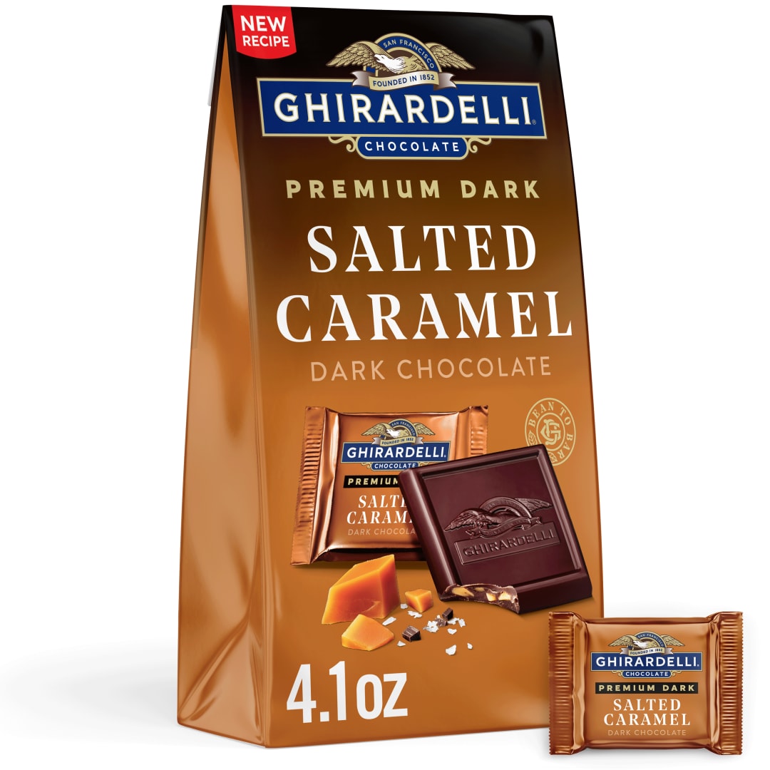 GHIRARDELLI PREMIUM DARK Salted Caramel Dark Chocolate SQUARES, 4.1 oz Bag
