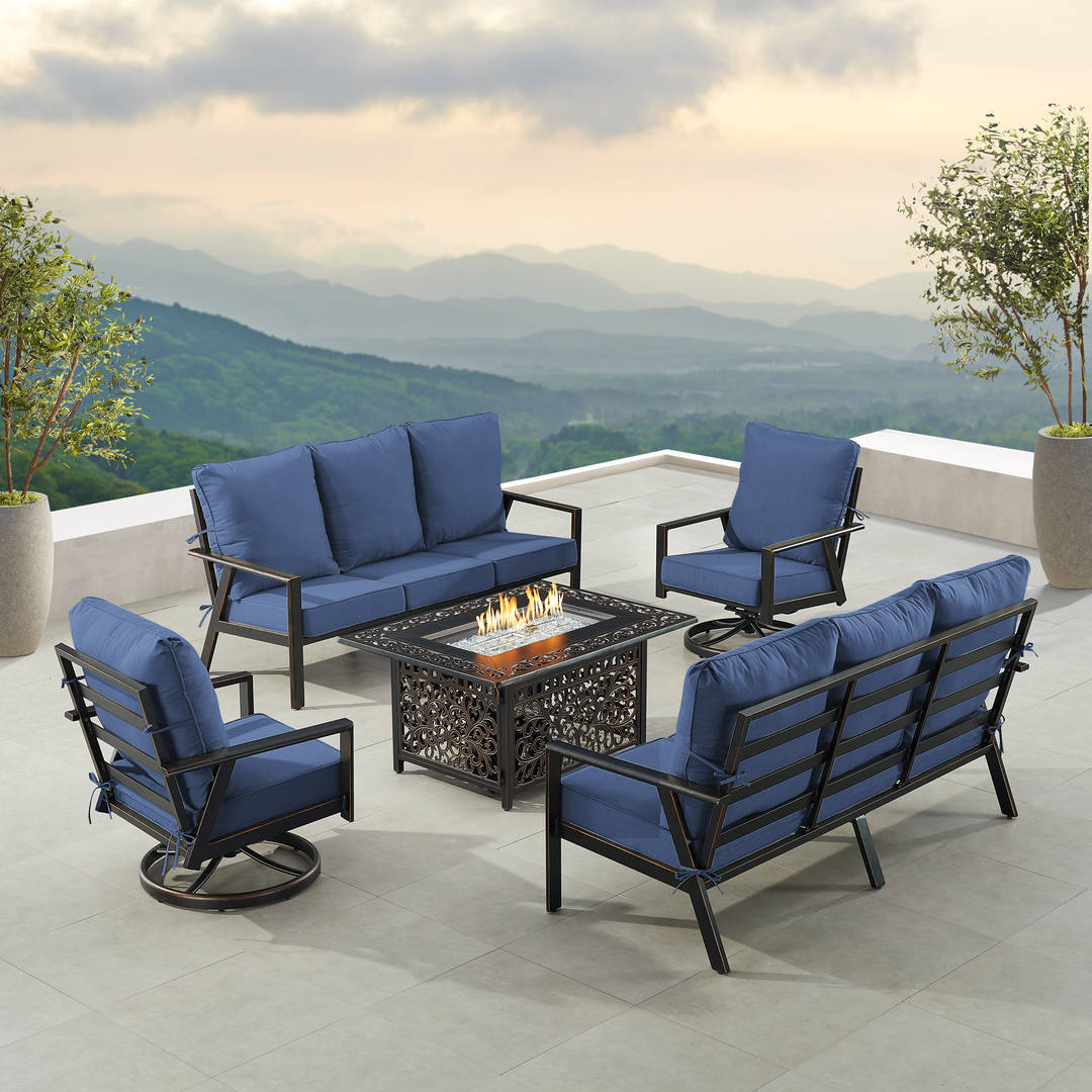 Black Aluminum Patio Fire Table Set with Two Deep Seating Sofa with Cushions and Two Club Chairs