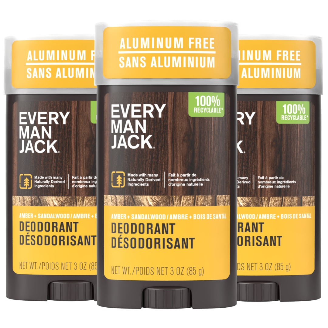 Every Man Jack Amber + Sandalwood Men’s Deodorant - Stay Fresh with Aluminum Free Deodorant For all Skin Types - Odor Crushing, Long Lasting, with Naturally Derived Ingredients - 3oz (3-Pack)