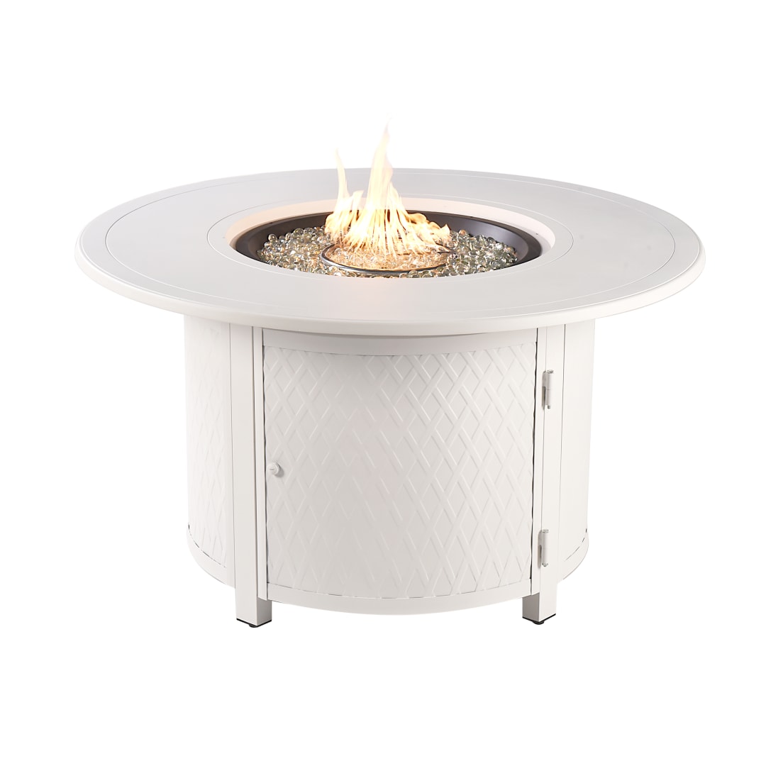 Round 44 in. x 44 in. Aluminum Propane Fire Pit Table with Glass Beads, Two Covers, Lid, 55,000 BTUs in White Finish