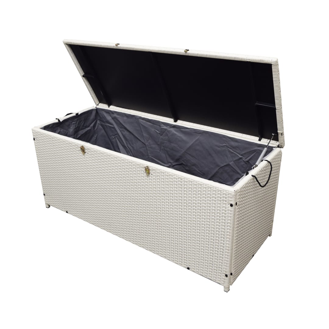 White Indoor and Outdoor Balcony Patio Deck Porch Pool 113 Gallon Wicker Storage Box Trunk Bin with Metal Frame
